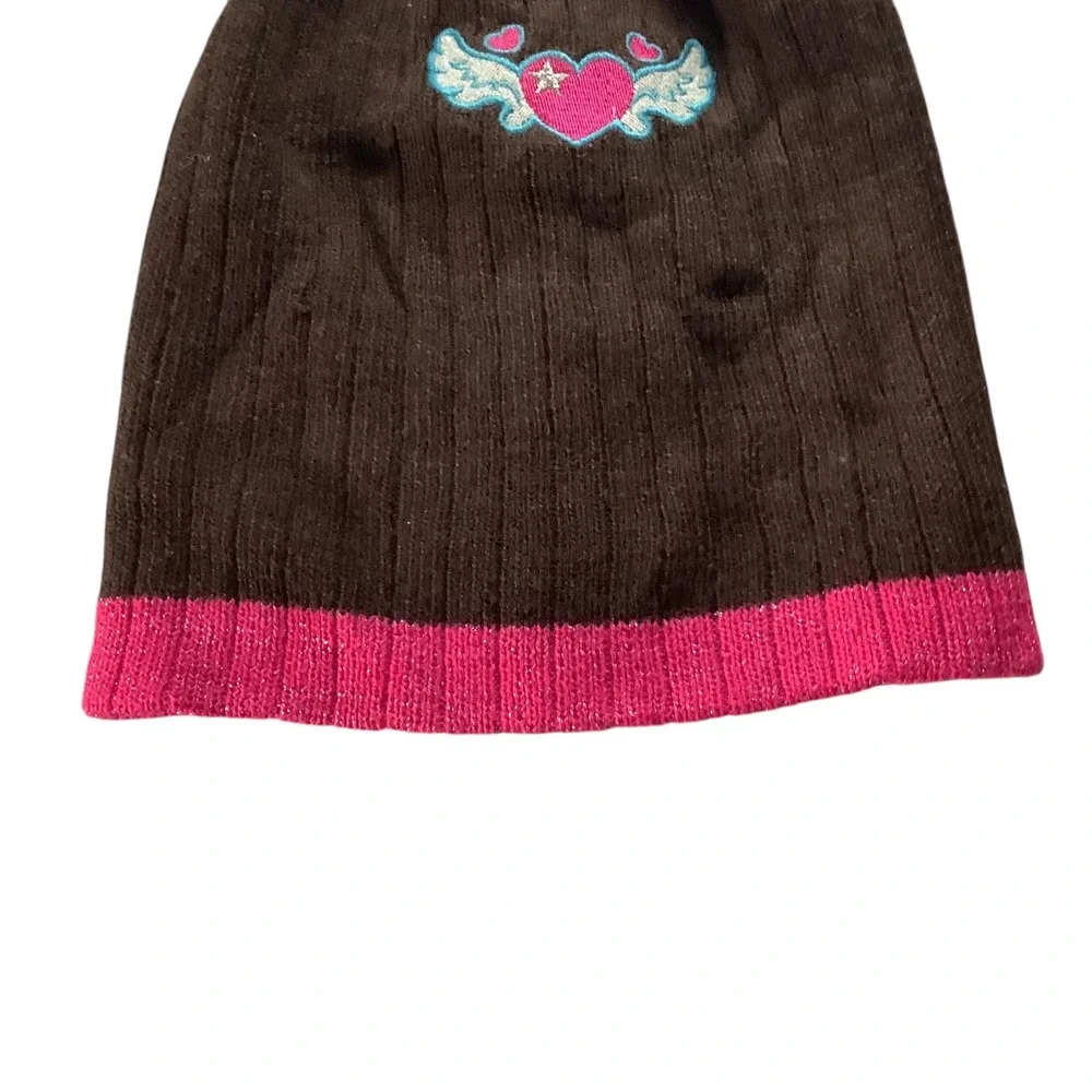 Toby Nyc Kids Beanie Hat Girls Brown Pink Heart‎ Wings Embroidered Size 4-10
